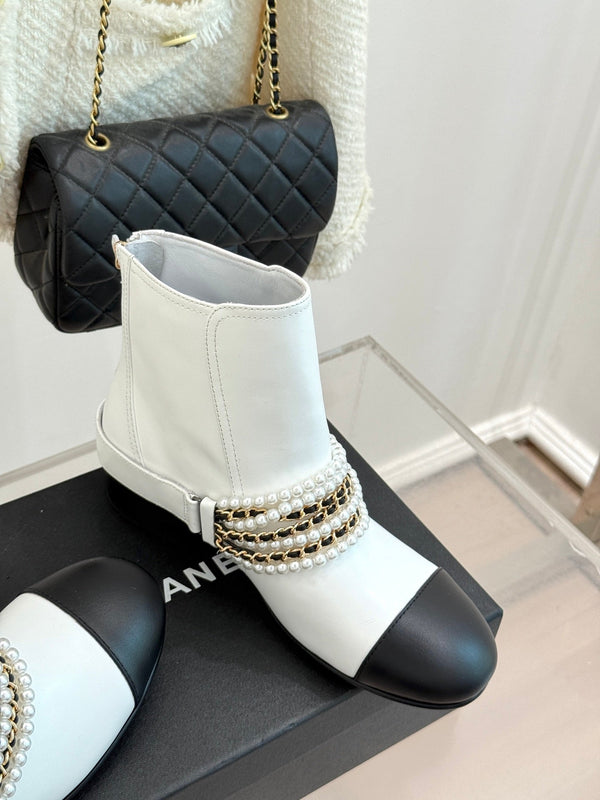 CC Classic Pearl Chain Colorblock Block Heel Ankle Boots White Lambskin 473318