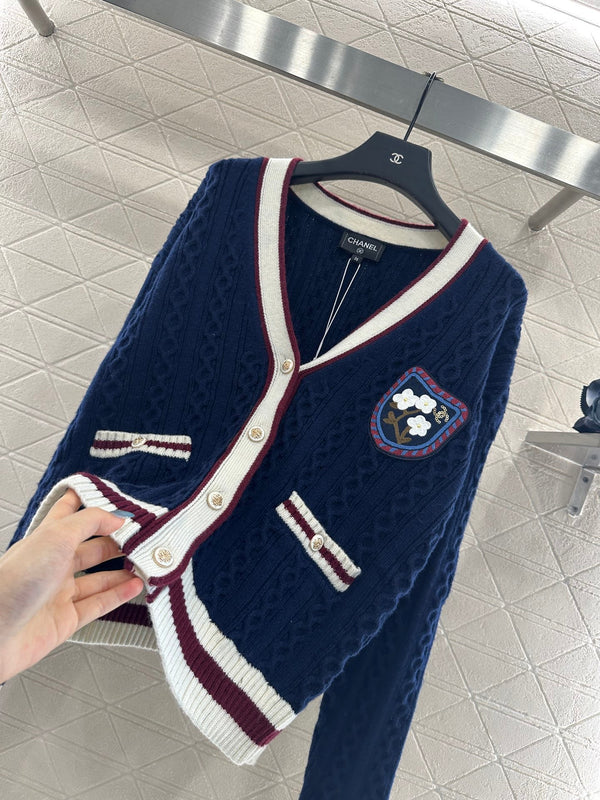 CC 25 V-Neck Cable Knit Cardigan Blue Cashmere 304981