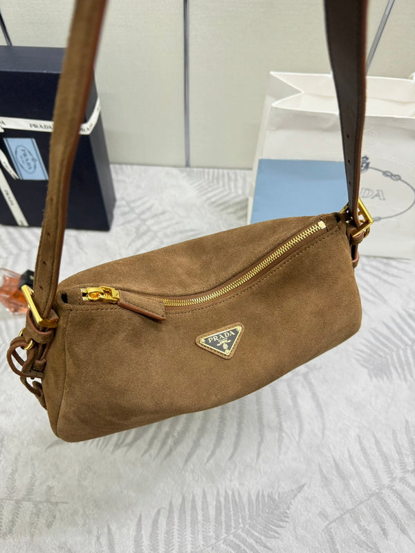 Pra 1BC229 Aimee Underarm Hobo Bag 31cm Brown Suede 267539