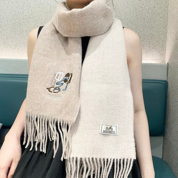 HM 25 Double- Sided Small H Puzzle Scarf 180cm Cashmere Natural Beige 825644