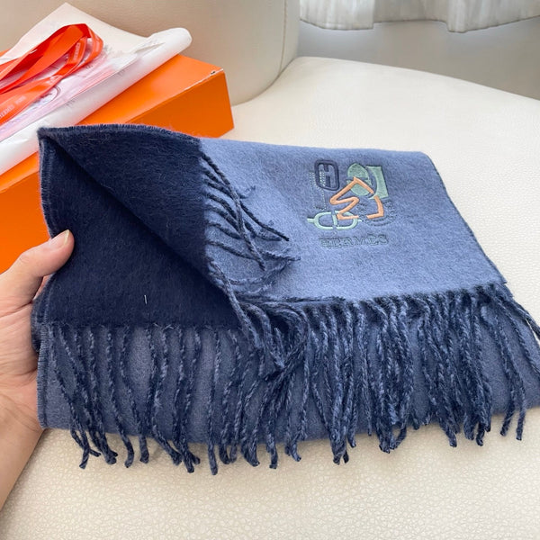 HM 25 Double- Sided Small H Puzzle Scarf 180cm Cashmere Marble Blue Navy Blue 825643