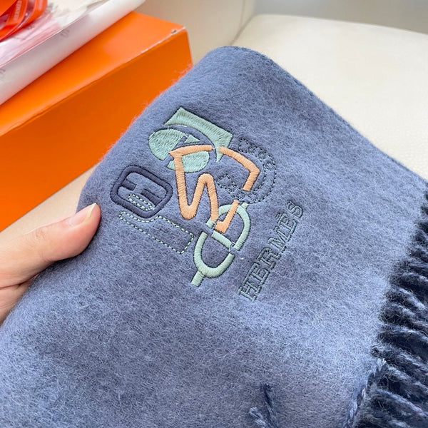 HM 25 Double- Sided Small H Puzzle Scarf 180cm Cashmere Marble Blue Navy Blue 825643