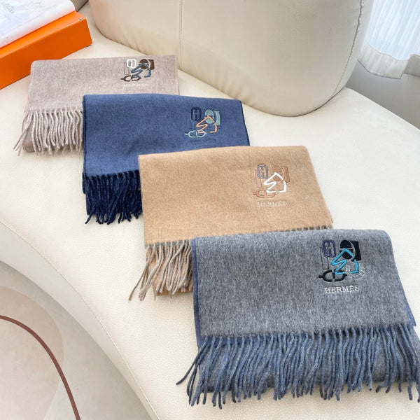 HM 25 Double- Sided Small H Puzzle Scarf 180cm Cashmere Camel Gray 825642