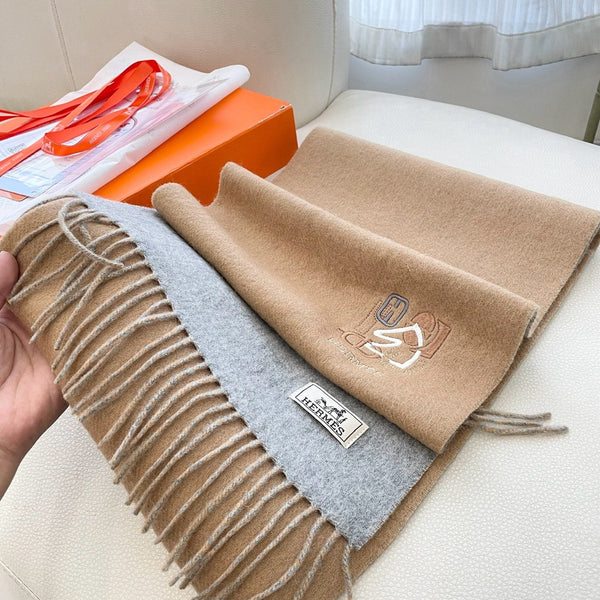 HM 25 Double- Sided Small H Puzzle Scarf 180cm Cashmere Camel Gray 825642