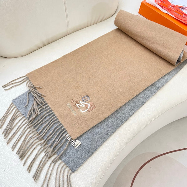 HM 25 Double- Sided Small H Puzzle Scarf 180cm Cashmere Camel Gray 825642