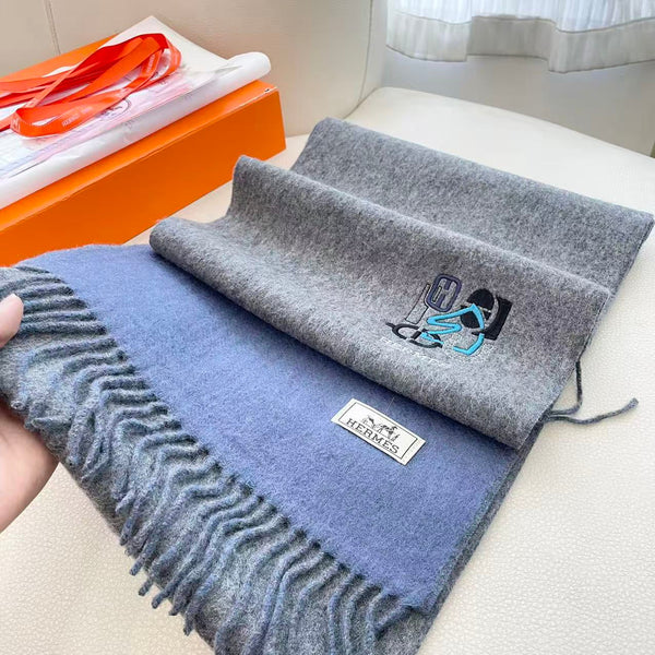 HM 25 Double- Sided Small H Puzzle Scarf 180cm Cashmere Mottled Gray Marble Blue 825641