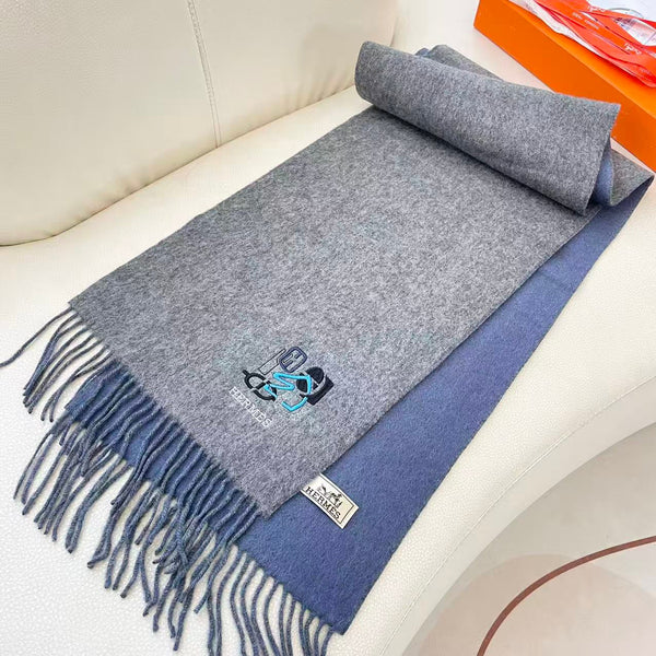 HM 25 Double- Sided Small H Puzzle Scarf 180cm Cashmere Mottled Gray Marble Blue 825641