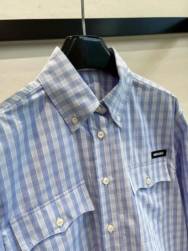 Miumiu Long-Sleeve Stripped Shirt Cloud Blue Cotton