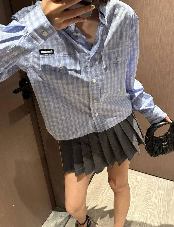 Miumiu Long-Sleeve Stripped Shirt Cloud Blue Cotton