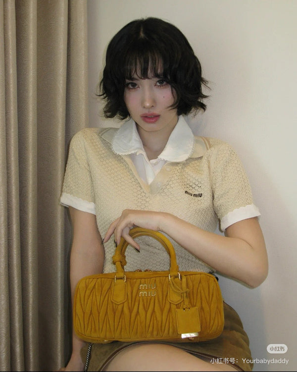 Miumiu Short-Sleeve Knitted Wool Cream Polo Shirt