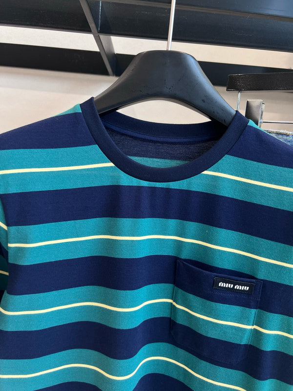 Miumiu Short-Sleeve Stripped T Shirt Green and Dark Blue Cotton
