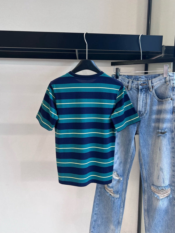 Miumiu Short-Sleeve Stripped T Shirt Green and Dark Blue Cotton