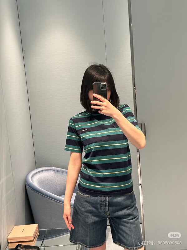 Miumiu Short-Sleeve Stripped T Shirt Green and Dark Blue Cotton