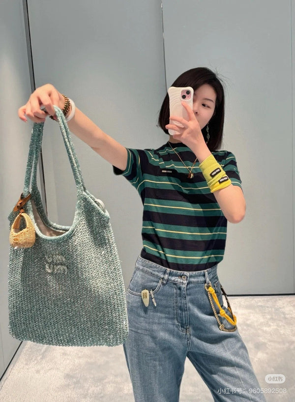 Miumiu Short-Sleeve Stripped T Shirt Green and Dark Blue Cotton