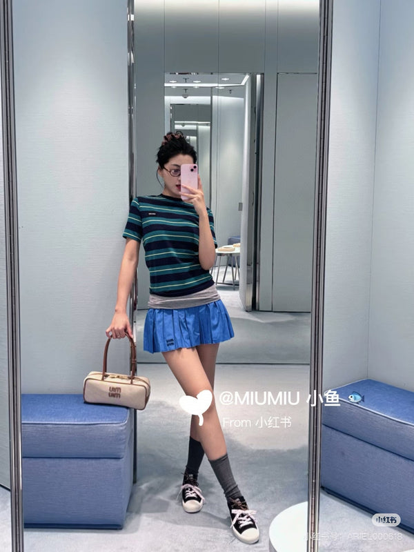 Miumiu Short-Sleeve Stripped T Shirt Green and Dark Blue Cotton