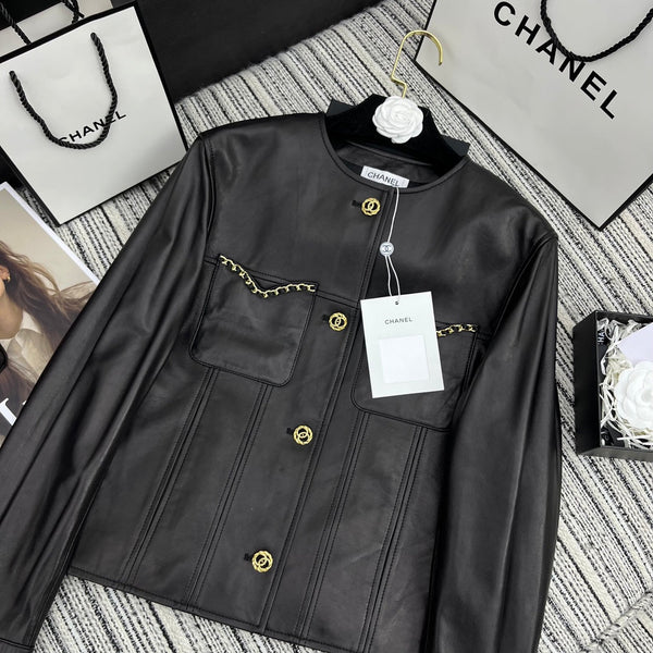CC Round Crew Neck Leather Chain Jacket Black Lambskin