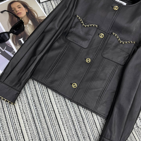 CC Round Crew Neck Leather Chain Jacket Black Lambskin