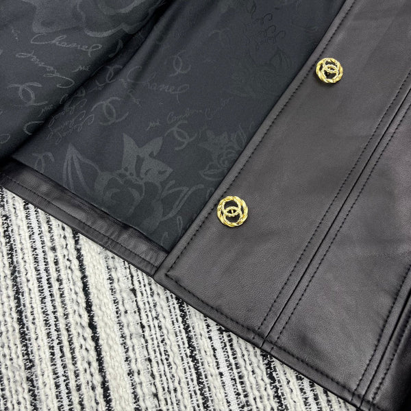 CC Round Crew Neck Leather Chain Jacket Black Lambskin