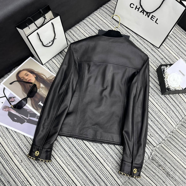 CC Round Crew Neck Leather Chain Jacket Black Lambskin