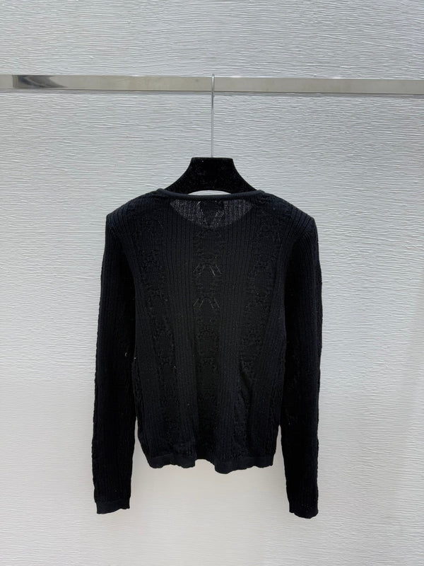 CC 25 Hollow Crew Neck Knit Long Sleeve Cardigan Wool