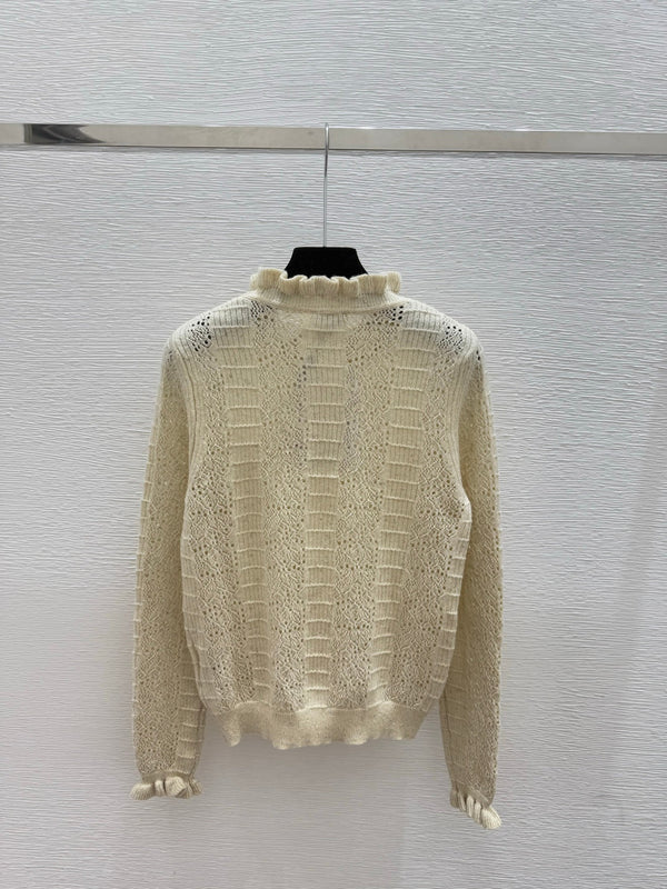 CC 25 Ruffled Gold and Silver Hollow-Out Crew Neck Knit Long Sleeve Cashmere