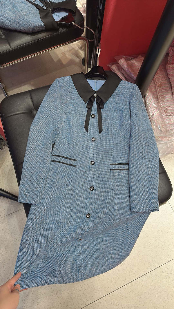 CC Vintage Suit Woolen Bow Neck Dress Blue Wool