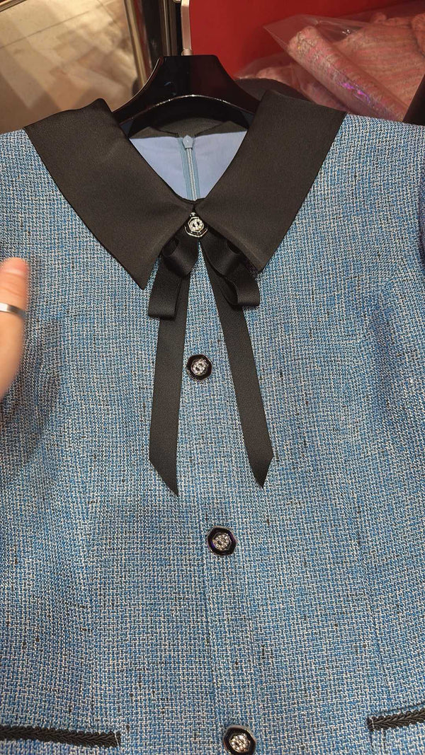 CC Vintage Suit Woolen Bow Neck Dress Blue Wool