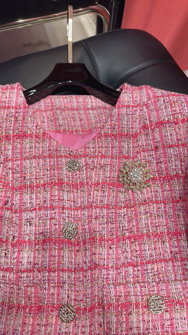 CC Brooch Jacket Bouclé Nylon with Rose-Red and Pink Plaid