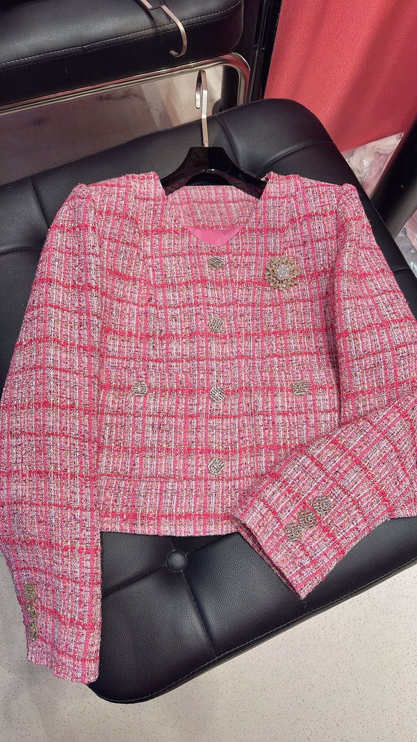 CC Brooch Jacket Bouclé Nylon with Rose-Red and Pink Plaid