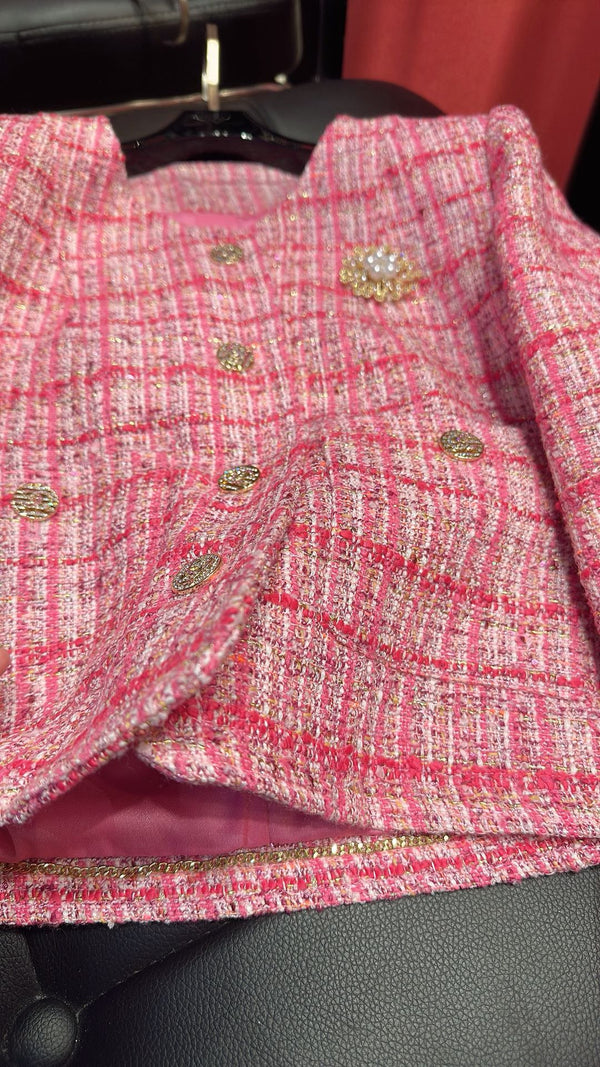 CC Brooch Jacket Bouclé Nylon with Rose-Red and Pink Plaid