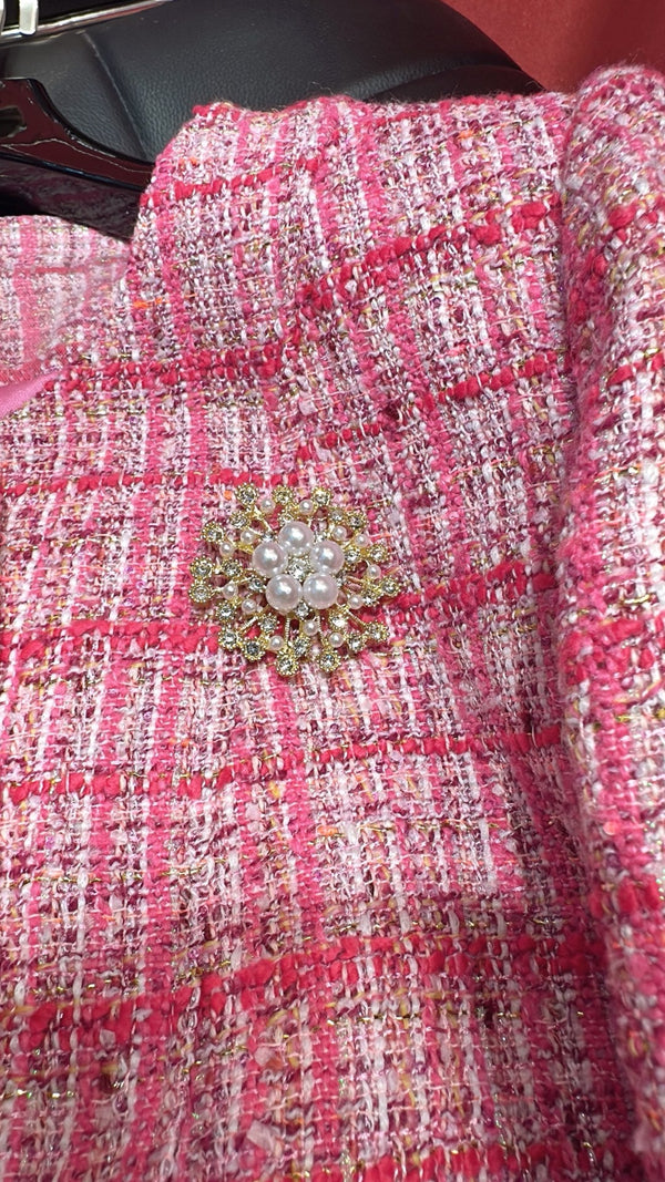 CC Brooch Jacket Bouclé Nylon with Rose-Red and Pink Plaid