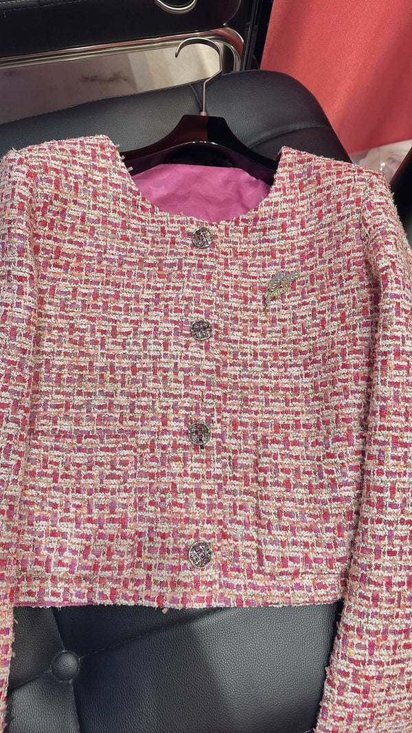 CC 25F Crew Neck Brooch Jacket Pink Cotton