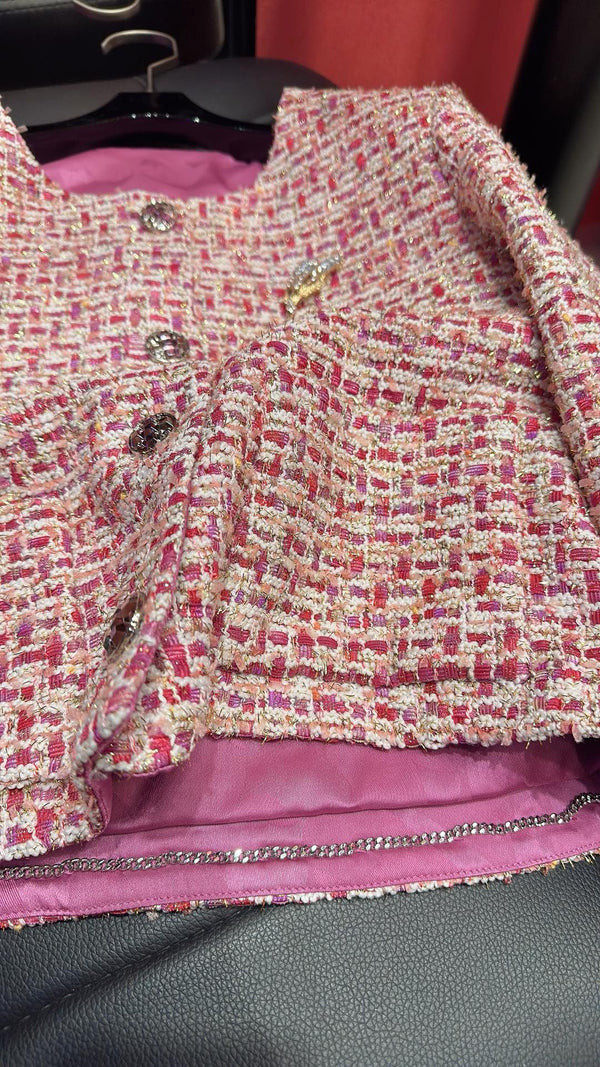 CC 25F Crew Neck Brooch Jacket Pink Cotton