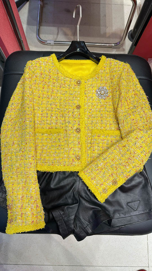 CC 25 Short Style Brooch Jacket Yellow Cotton