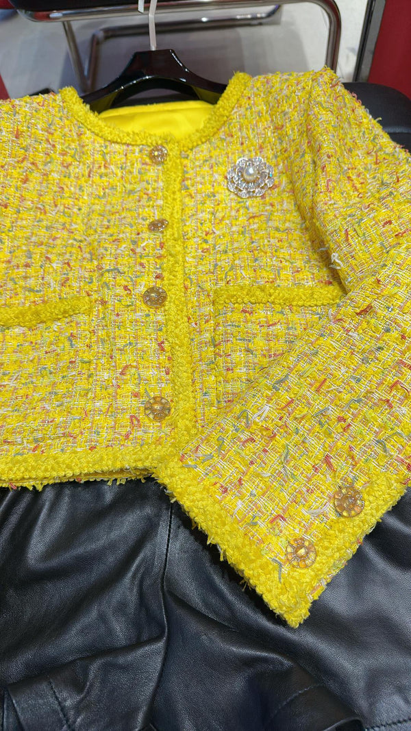 CC 25 Short Style Brooch Jacket Yellow Cotton