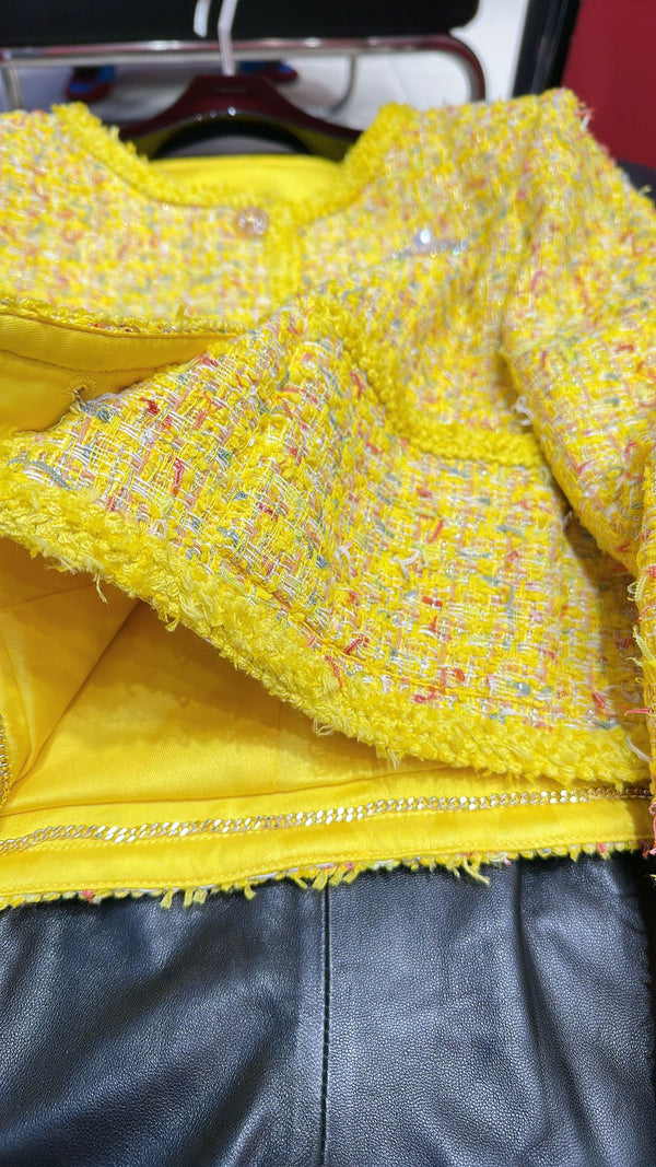 CC 25 Short Style Brooch Jacket Yellow Cotton