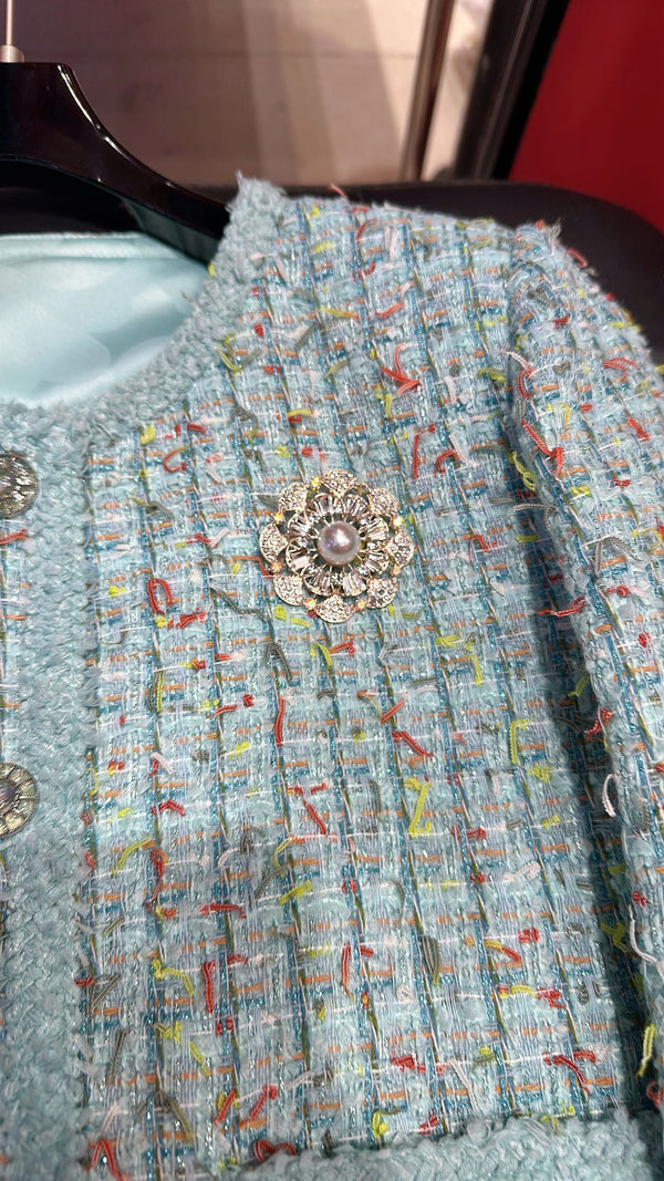 CC 25 Short Style Brooch Jacket Cloud Blue Cotton