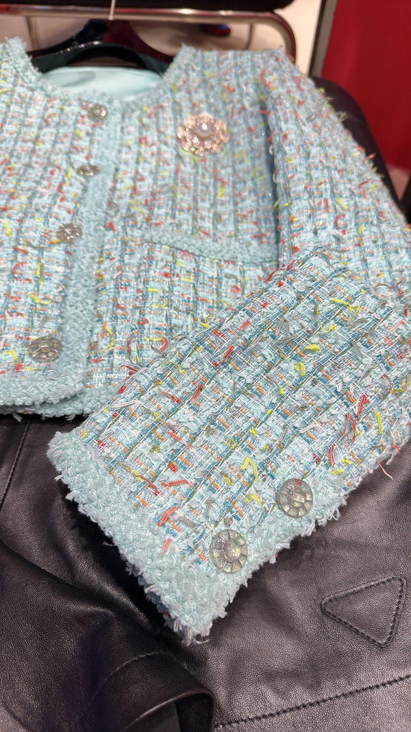 CC 25 Short Style Brooch Jacket Cloud Blue Cotton