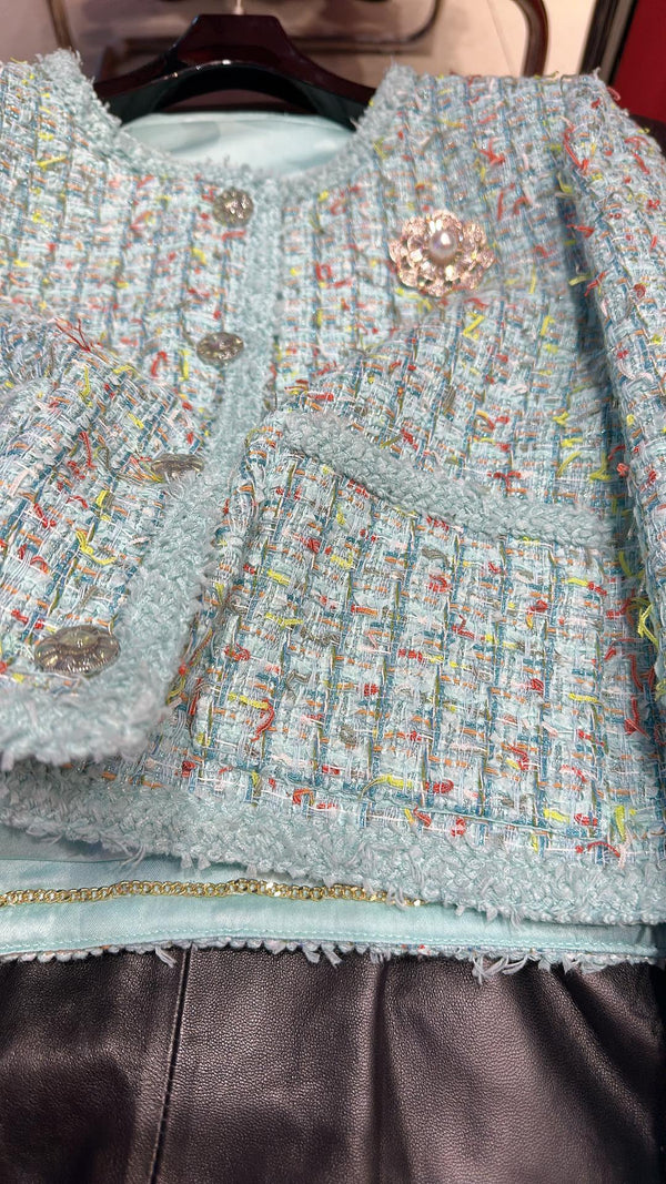 CC 25 Short Style Brooch Jacket Cloud Blue Cotton