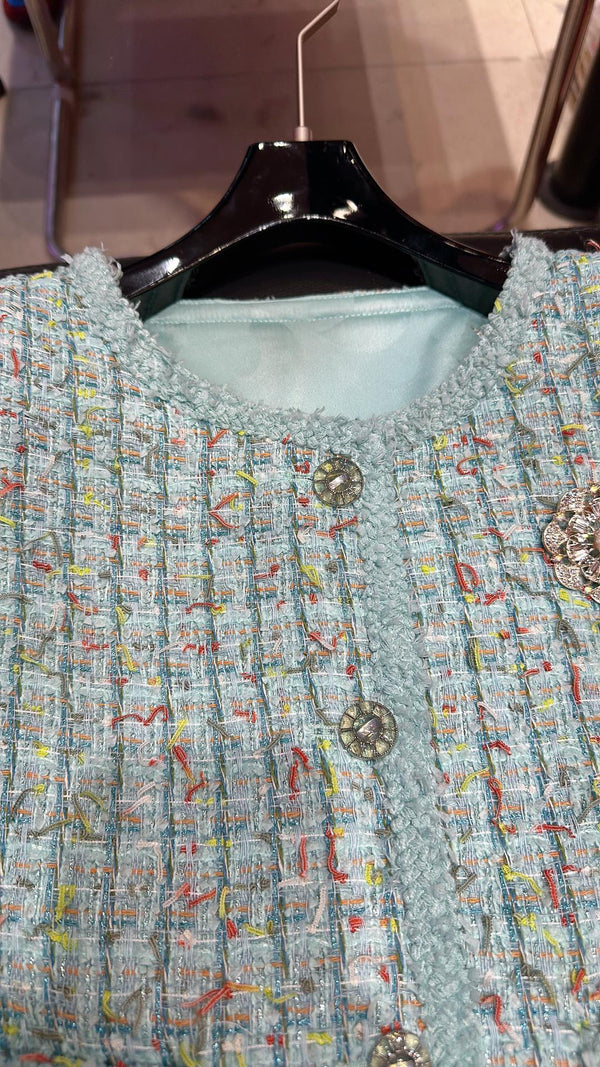 CC 25 Short Style Brooch Jacket Cloud Blue Cotton