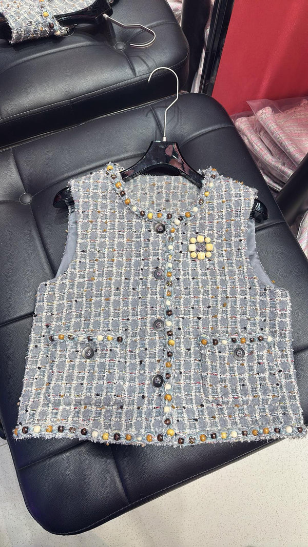CC 25 Sleeveless Vest with Wooden Bead Trim Gray Tweed