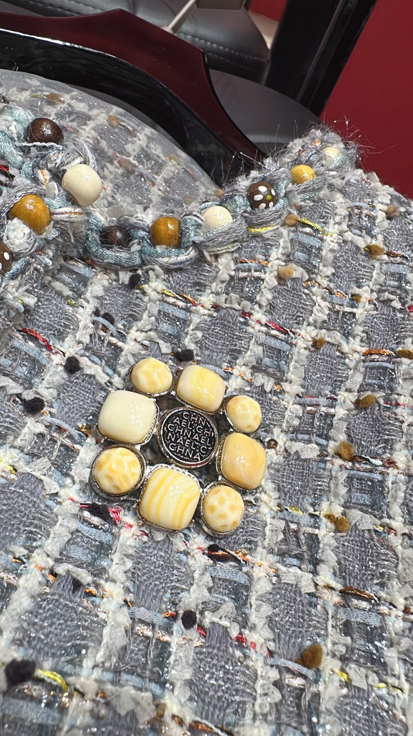 CC 25 Sleeveless Vest with Wooden Bead Trim Gray Tweed