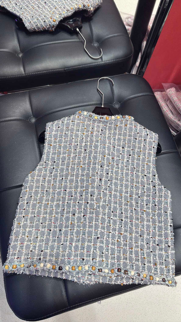 CC 25 Sleeveless Vest with Wooden Bead Trim Gray Tweed