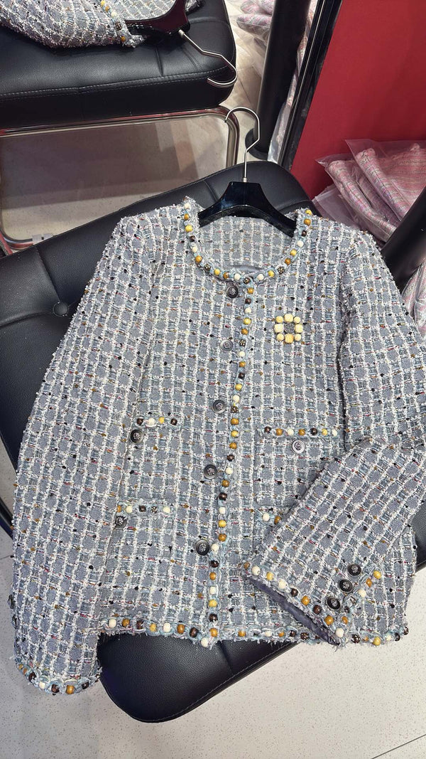 CC 25 Long Sleeves Jacket with Wooden Bead Trim Gray Tweed