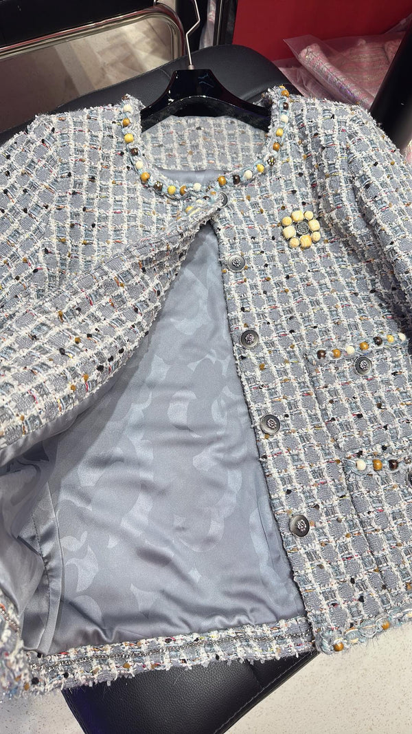 CC 25 Long Sleeves Jacket with Wooden Bead Trim Gray Tweed