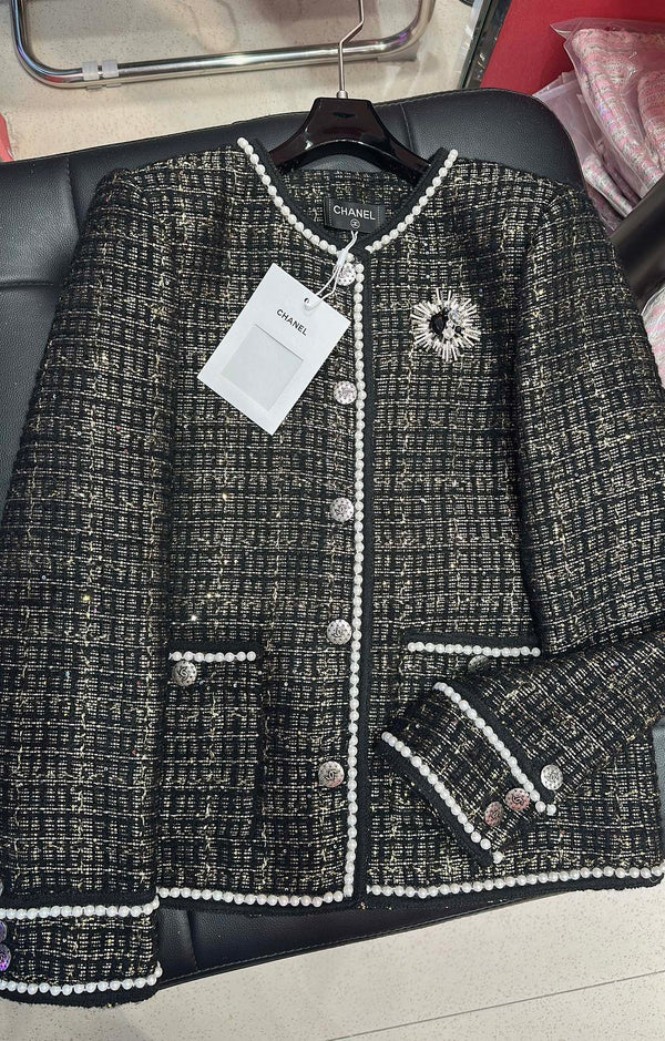 CC 25 Catwalk Style Custom Gold Woven Woolen Pearl Trim Black Coat