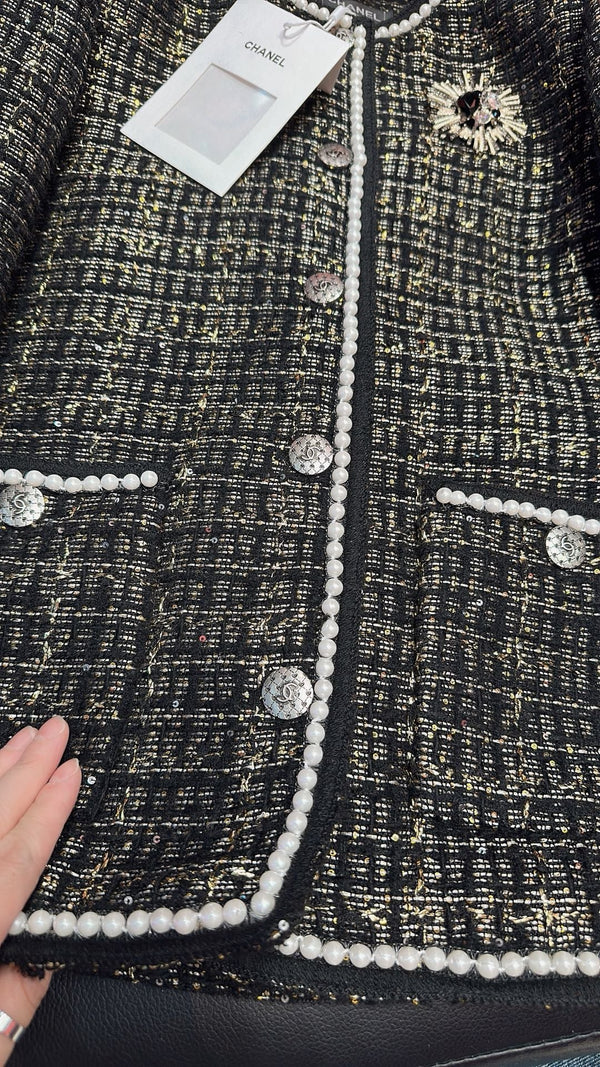 CC 25 Catwalk Style Custom Gold Woven Woolen Pearl Trim Black Coat