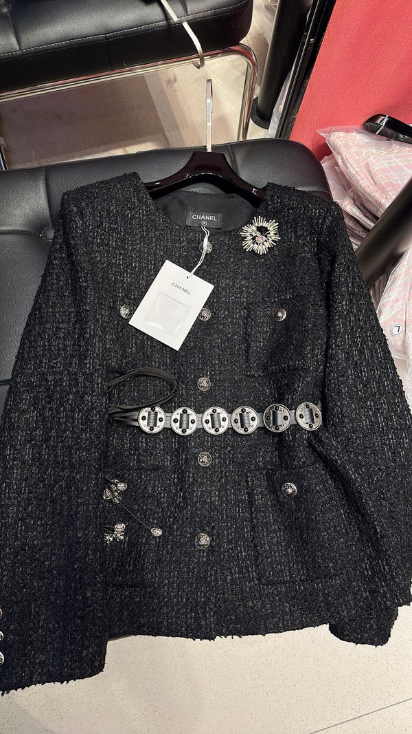CC Brooch Tweed Chain Belt Black Jacket