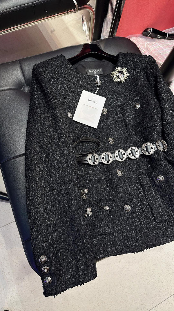 CC Brooch Tweed Chain Belt Black Jacket