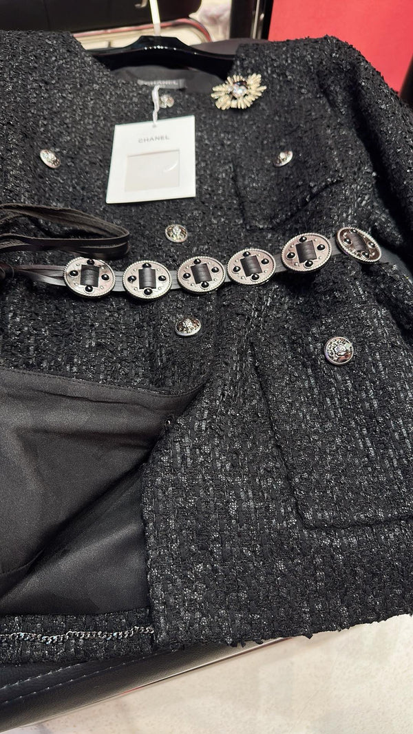 CC Brooch Tweed Chain Belt Black Jacket